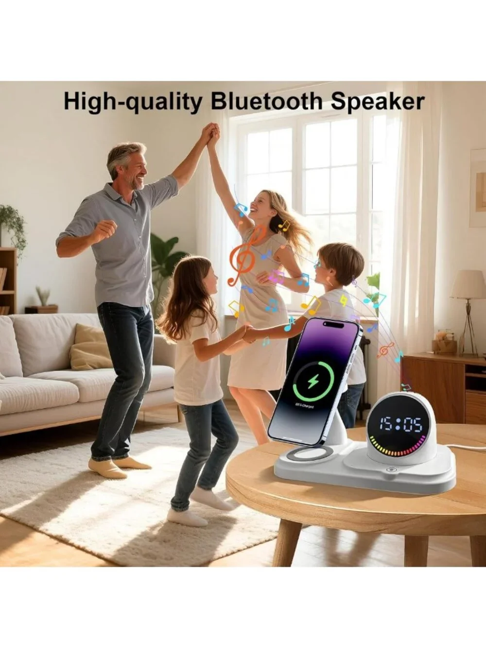 6-in-1 Wireless Charging Station & Bluetooth Speaker with Clock & Ambient Lights